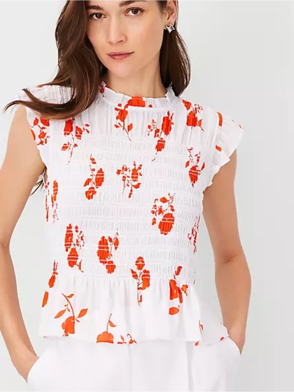Ann Taylor White Smocked Orange Floral Printed Ruffle Sleeveless Top Size XL